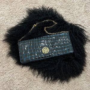 Antonio Melanie Patent Blue Leather Croc Clutch